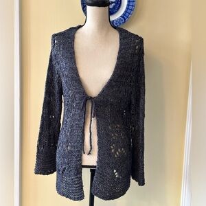 Ethyl | Tie Front Loose Knit/Crochet Sweater Cardigan in a Marled Dark Blue